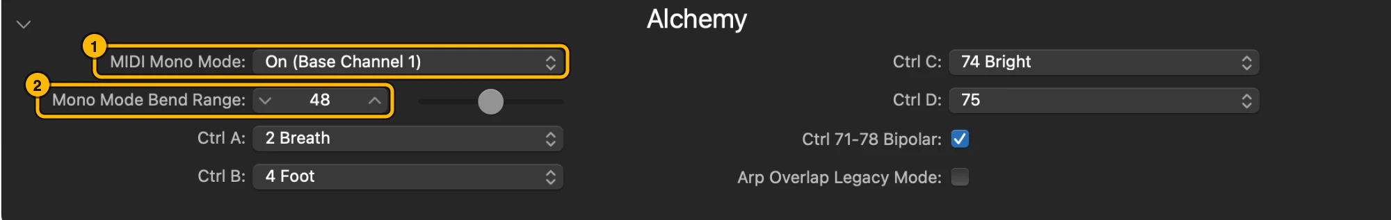 Alchemy's extended settings in Logic with MIDI Mono Mode set to On (Base Channel 1) and Mono Mode Bend Range set to 48