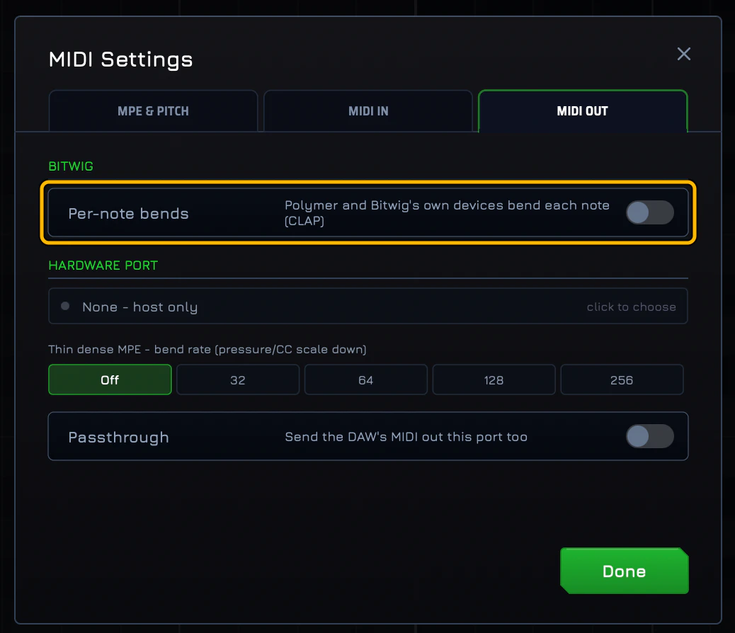 The Per-note bends switch under BITWIG on the MIDI OUT tab of MIDISketch's MIDI Settings, shown off