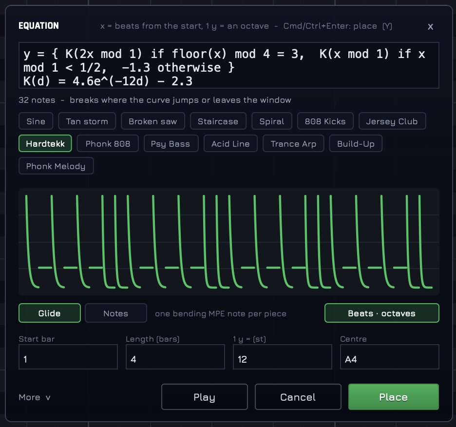 The Equation to MIDI window in MIDISketch with the Hardtekk preset loaded