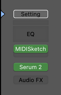 Logic channel strip with MIDISketch MIDI FX in the MIDI FX slot above Serum 2 as the instrument