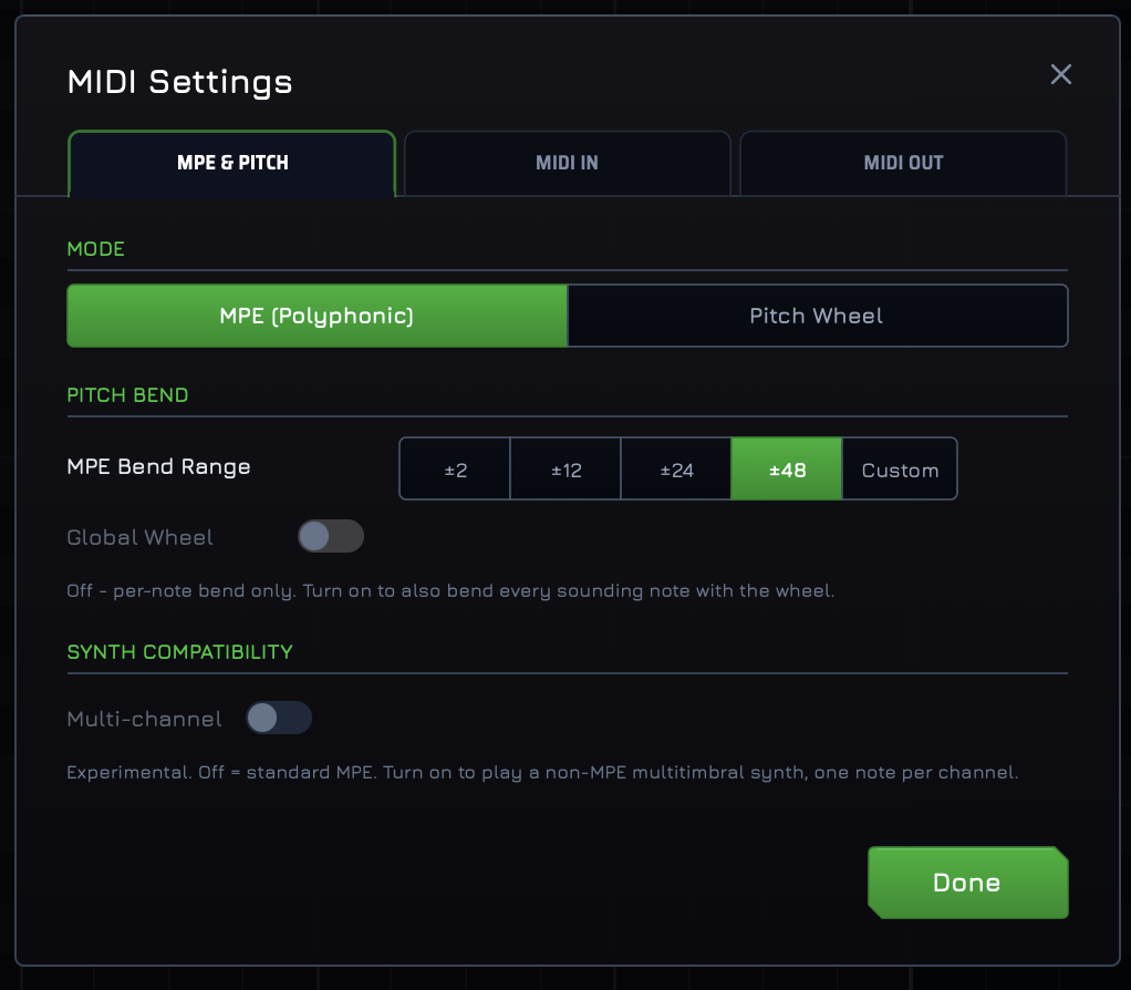 MIDISketch's MIDI Settings on the MPE and Pitch tab, with the bend range at 48