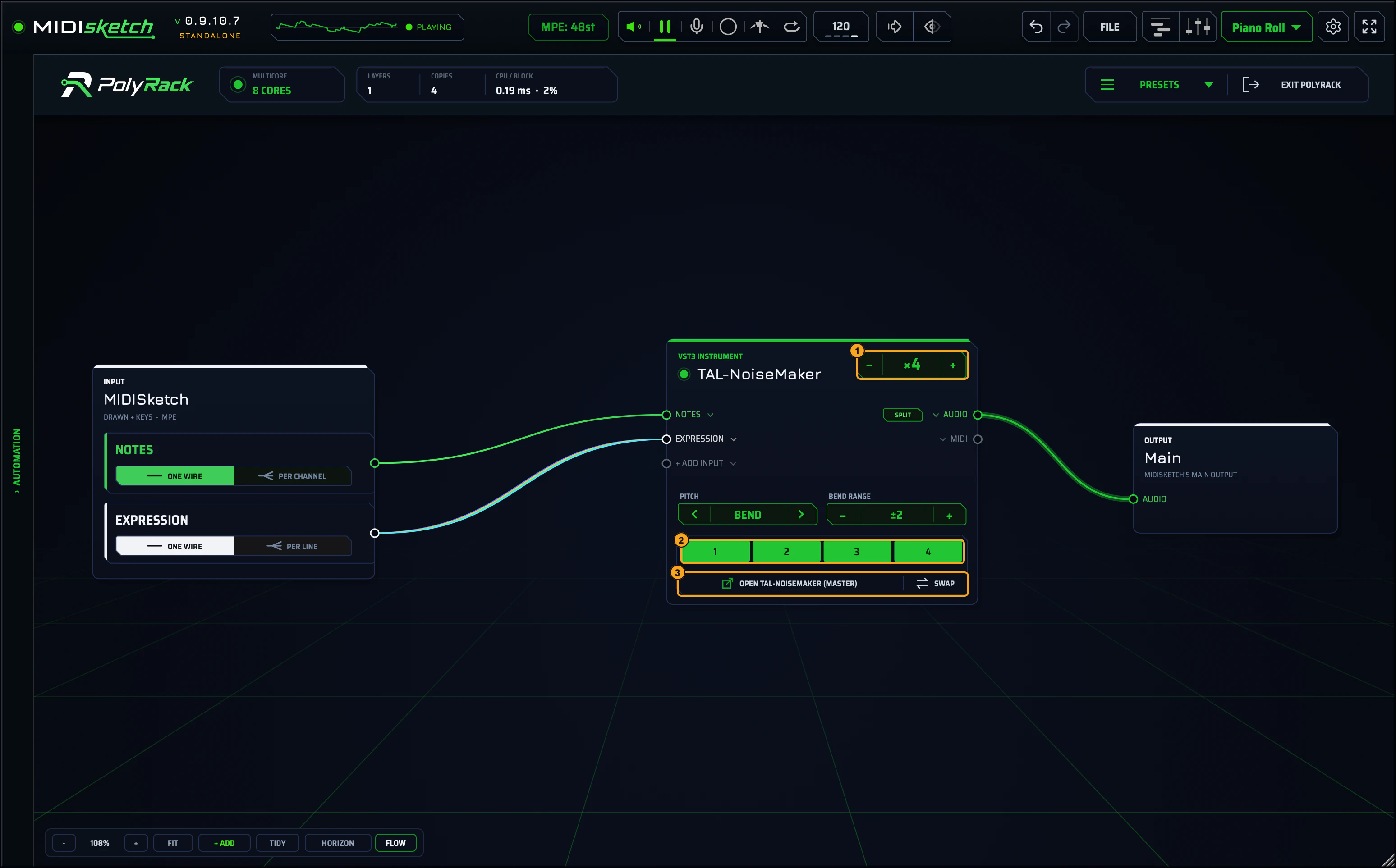 PolyRack canvas with a MIDISketch input card wired into a TAL-NoiseMaker synth card showing x4 copies, all four copy cells lit, wired to the Main output.