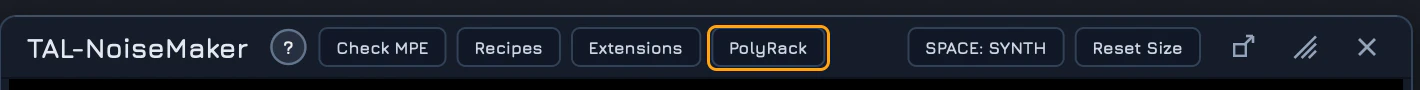 Title bar of the TAL-NoiseMaker synth frame with buttons Check MPE, Recipes, Extensions and PolyRack; the PolyRack button is outlined.