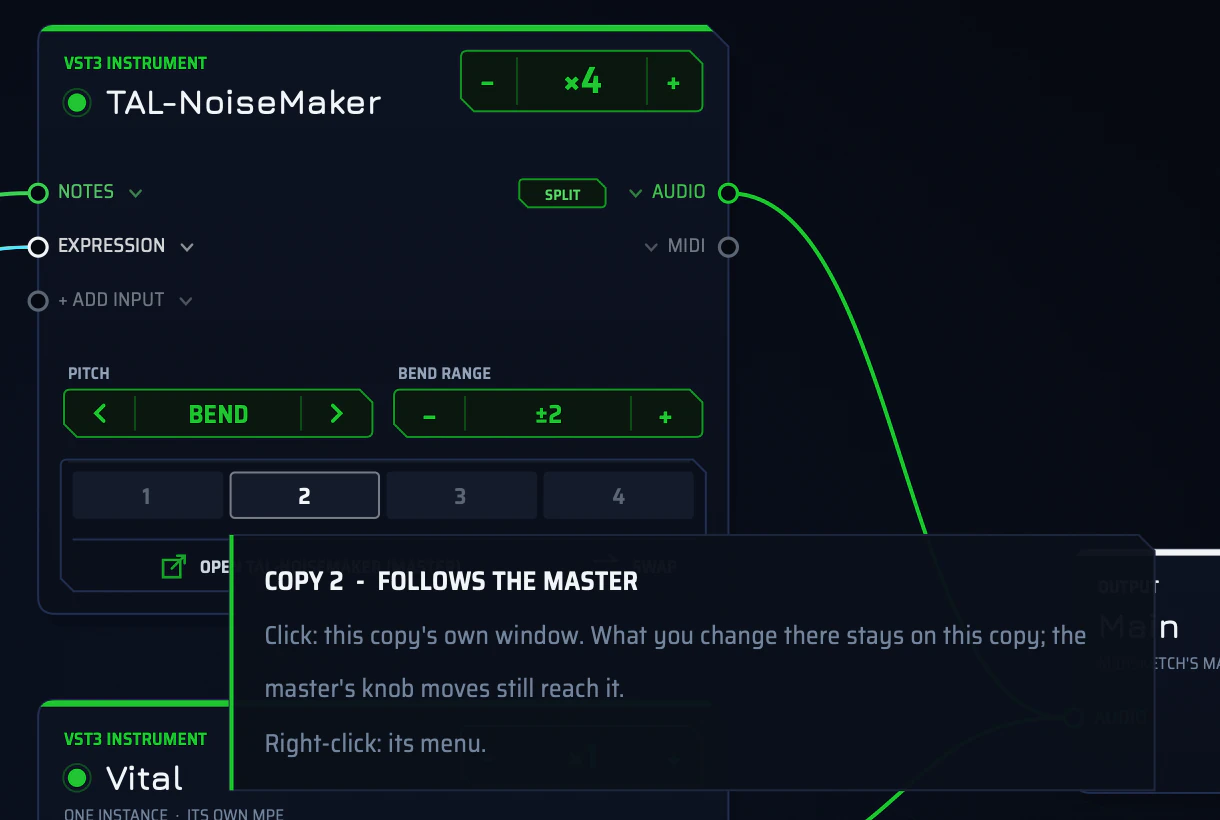 Tooltip over copy cell 2: COPY 2, FOLLOWS THE MASTER. Click: this copy's own window. What you change there stays on this copy; the master's knob moves still reach it. Right-click: its menu.