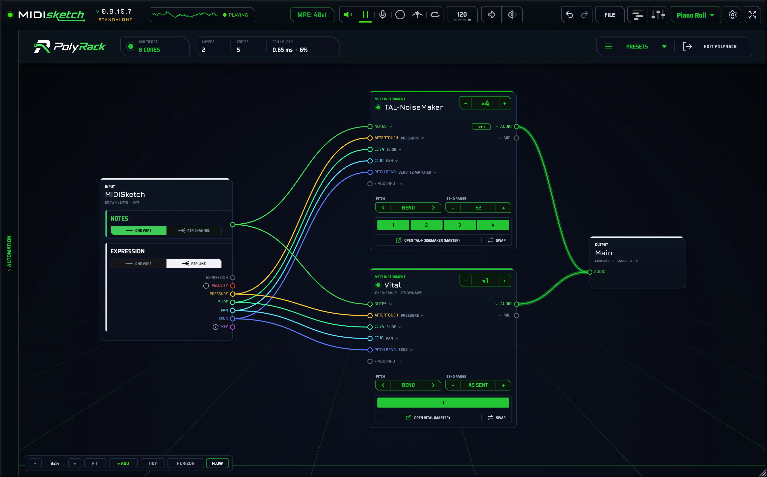 MIDISketch card in PER LINE mode with velocity, pressure, slide, pan, bend and key outputs; coloured wires run into the matching inputs on TAL-NoiseMaker and Vital.