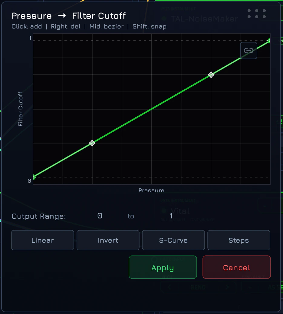 Curve editor window titled Pressure to Filter Cutoff with a straight line graph, Output Range 0 to 1, and Linear, Invert, S-Curve, Steps, Apply and Cancel buttons.