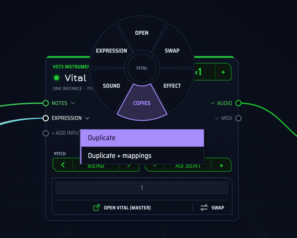 Circular menu over the Vital card with sections Open, Swap, Effect, Copies, Sound and Expression; Copies is highlighted and lists Duplicate and Duplicate + mappings.