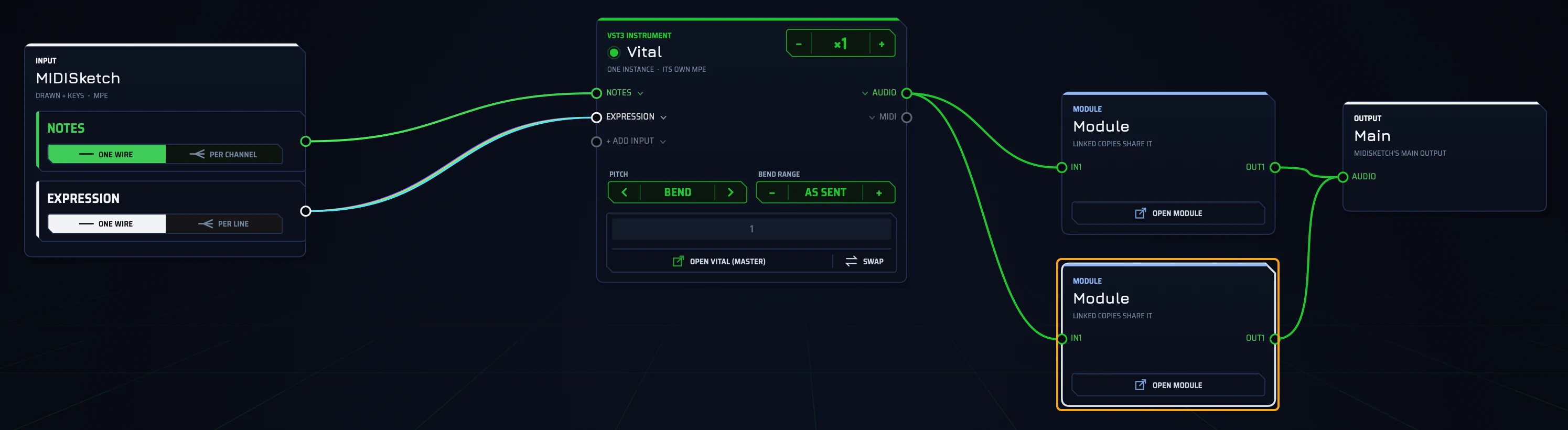 Two Module cards, the lower one selected and outlined, both wired from Vital's audio into Main.