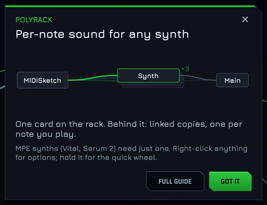 The PolyRack guide card with the synth copies stacked behind one card, marked x3.